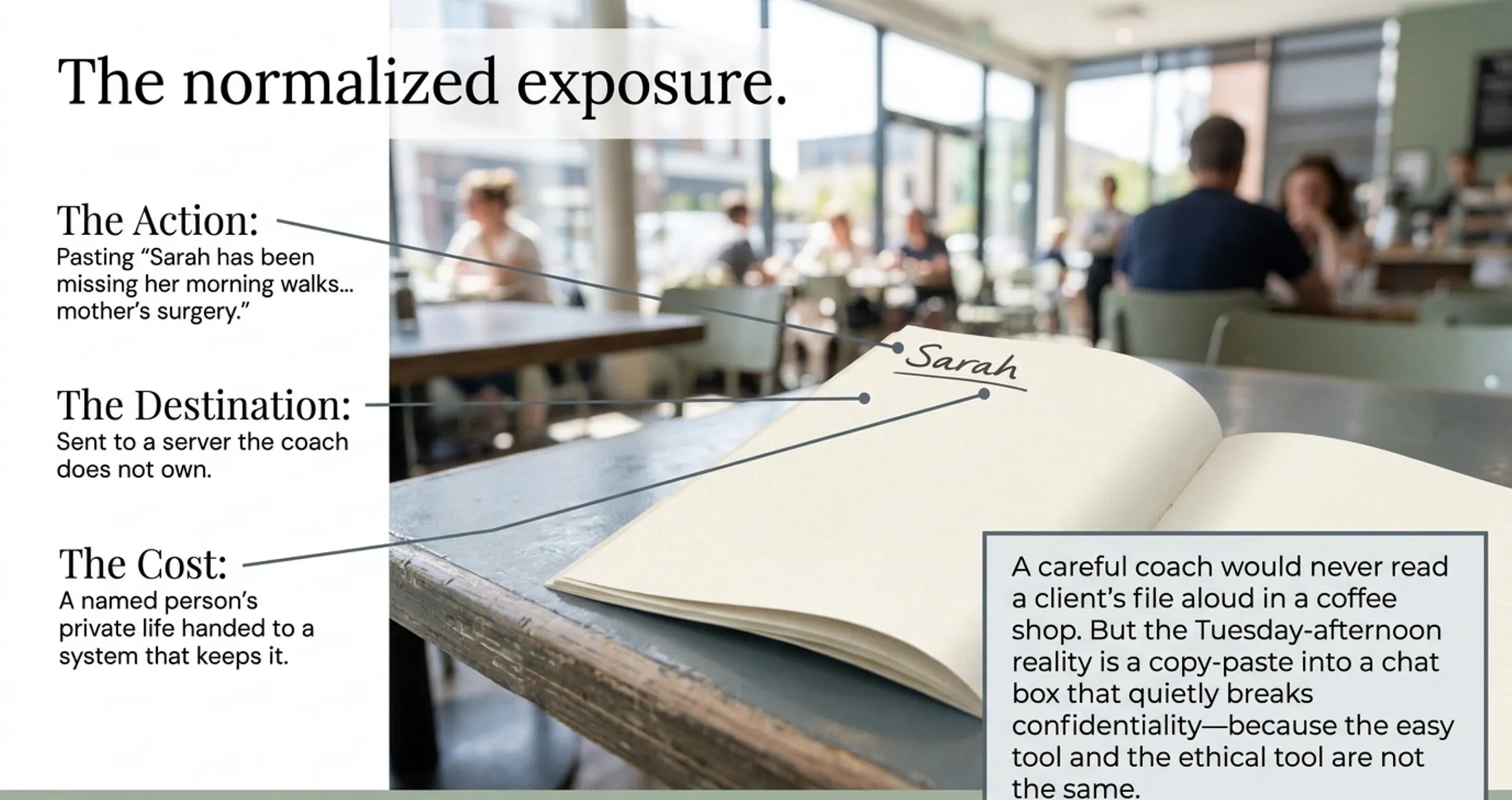 A worn notebook lies open on a table edge in a busy cafe, a client's name 'Sarah' handwritten and underlined on the page, strangers blurred in the background. Labels read 'The action: pasting Sarah has been missing her morning walks, mother's surgery,' 'The destination: sent to a server the coach does not own,' and 'The cost: a named person's private life handed to a system that keeps it.'