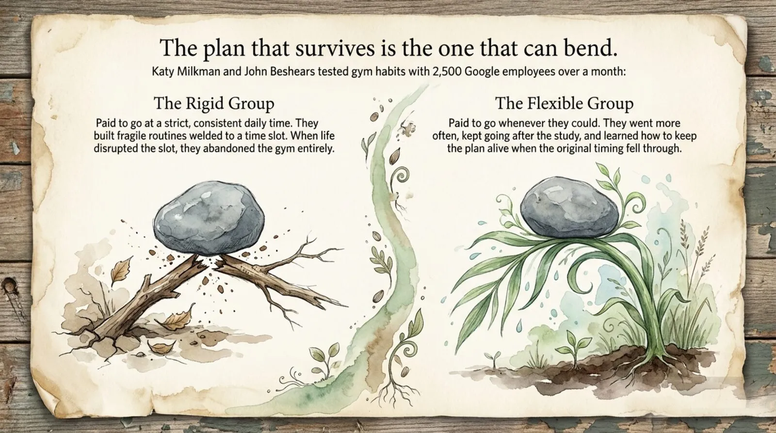 A watercolor of a rigid branch snapped under a stone beside a grass stem bending under the same stone, unbroken
