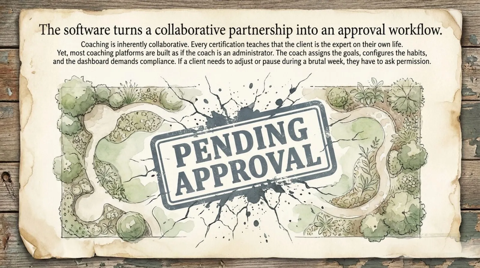 A watercolor garden plan cracked beneath a heavy PENDING APPROVAL stamp