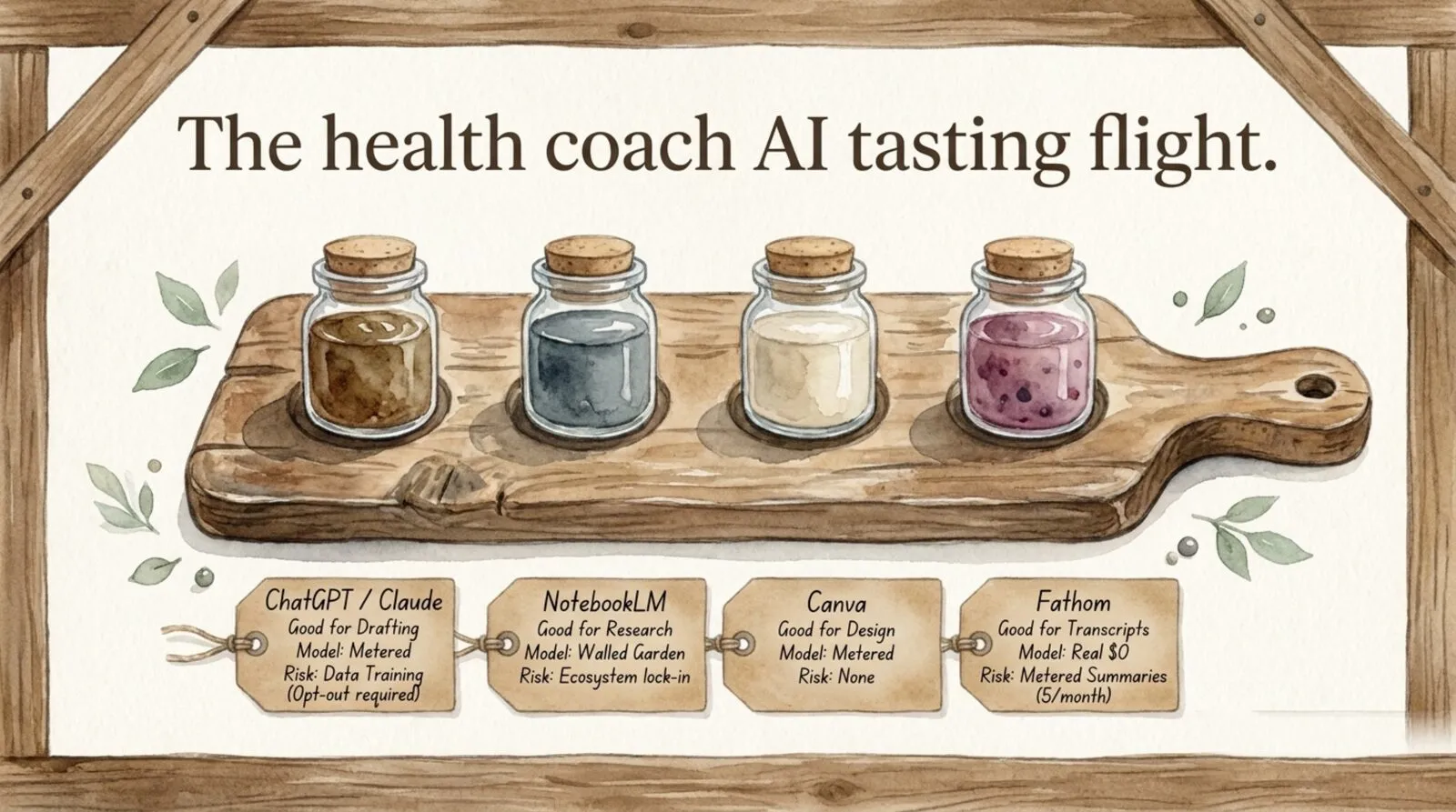 A watercolor 'health coach AI tasting flight': four small tasting jars on a wooden paddle board, each with a kraft tag. ChatGPT / Claude, good for drafting, model metered, risk of data training with opt-out required; NotebookLM, good for research, walled-garden model, risk of ecosystem lock-in; Canva, good for design, model metered, no real risk; Fathom, good for transcripts, real $0, risk only on metered summaries five a month.