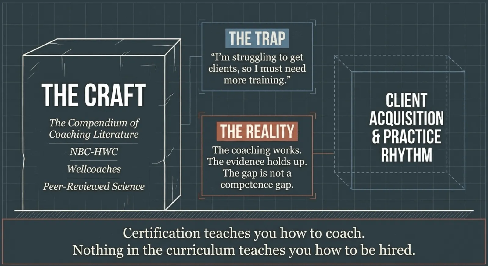 A diagram with three boxes. "The Craft" lists the Compendium of Coaching Literature, NBC-HWC, Wellcoaches, and peer-reviewed science. "The Trap" reads, "I'm struggling to get clients, so I must need more training." "The Reality" reads, the coaching works, the evidence holds up, the gap is not a competence gap. An arrow points to a box labeled Client Acquisition and Practice Rhythm. Caption: certification teaches you how to coach; nothing in the curriculum teaches you how to be hired.