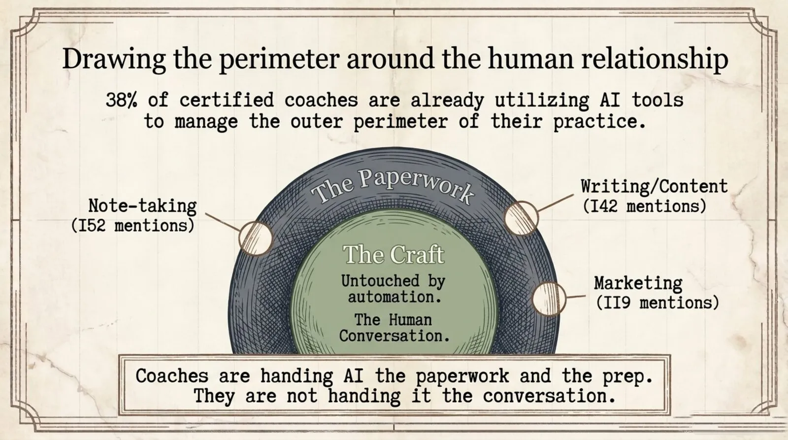 Ring diagram titled 'Drawing the perimeter around the human relationship.' A dark crosshatched outer ring labeled 'The Paperwork,' with callouts for note-taking (152 mentions), writing and content (142 mentions), and marketing (119 mentions), surrounds a sage-green center labeled 'The Craft: untouched by automation, the human conversation,' captioned: coaches are handing AI the paperwork and the prep; they are not handing it the conversation.