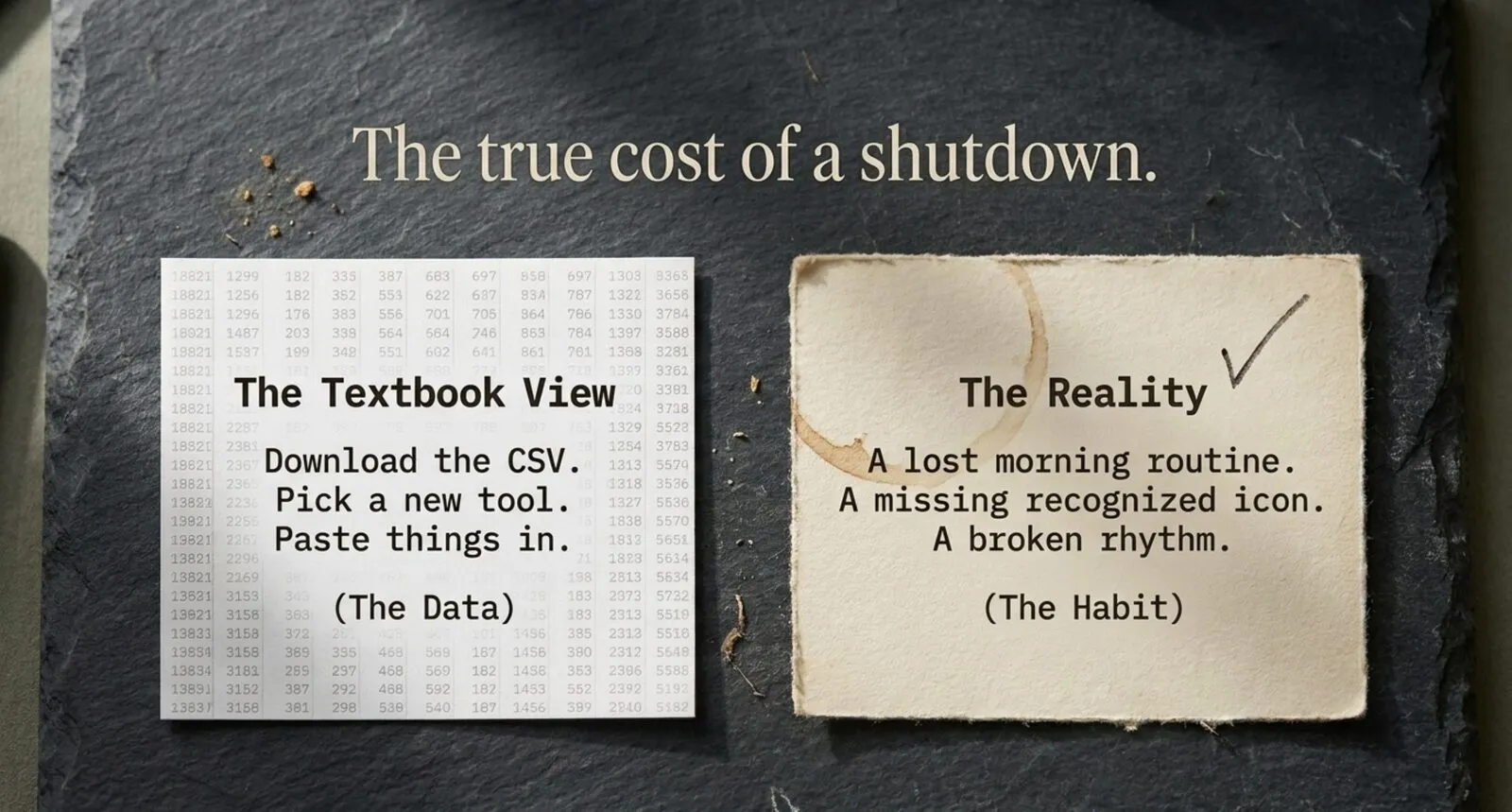 Two cards on slate under the heading "The true cost of a shutdown." The Textbook View card, printed over a grid of numbers, reads "Download the CSV. Pick a new tool. Paste things in. (The Data)." The Reality card, marked with a check, reads "A lost morning routine. A missing recognized icon. A broken rhythm. (The Habit)."