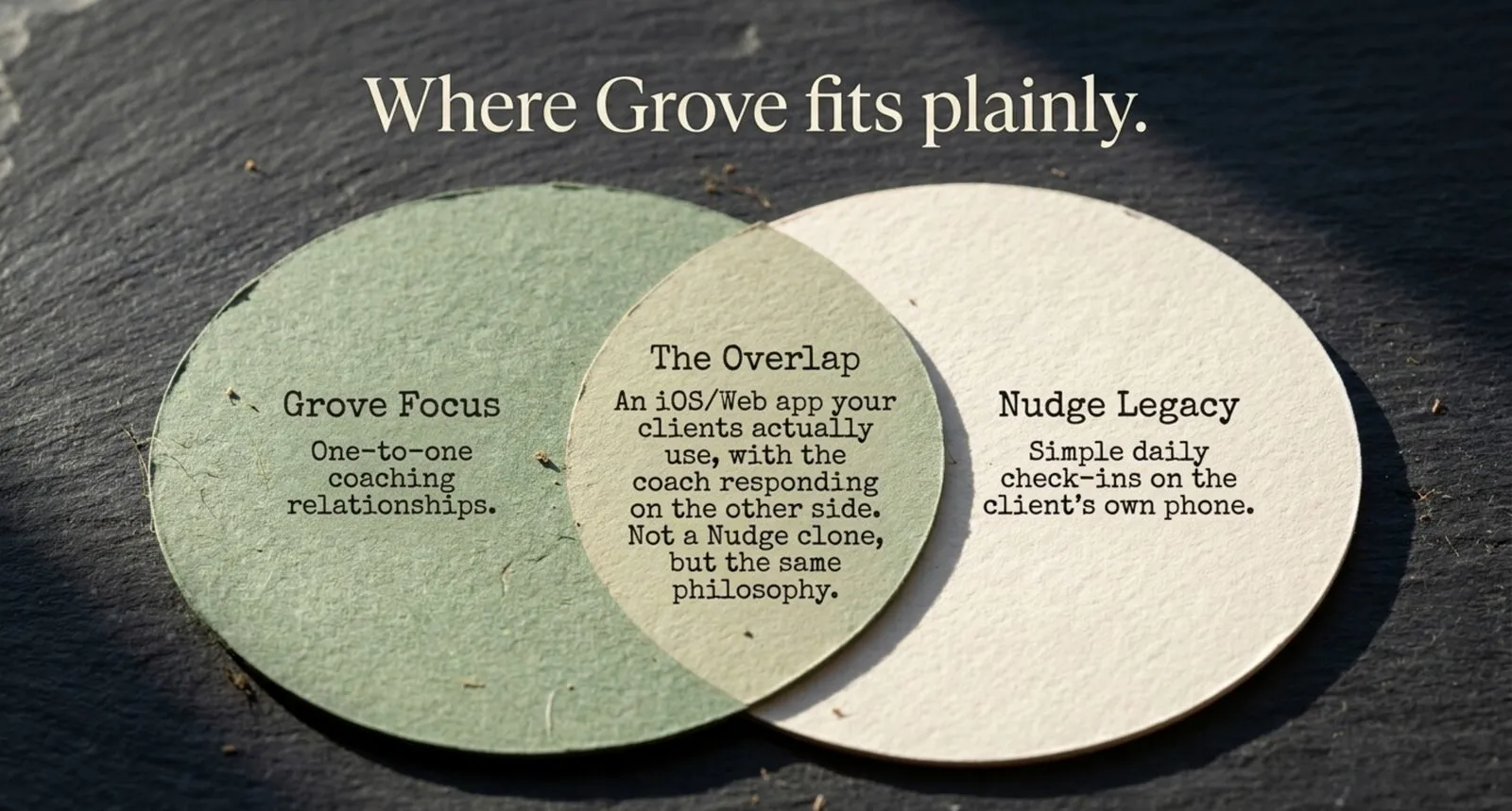 Two overlapping paper circles on slate forming a Venn diagram titled "Where Grove fits plainly." Grove Focus: one-to-one coaching relationships. Nudge Legacy: simple daily check-ins on the client's own phone. The Overlap: an iOS and web app your clients actually use, with the coach responding on the other side. Not a Nudge clone, but the same philosophy.