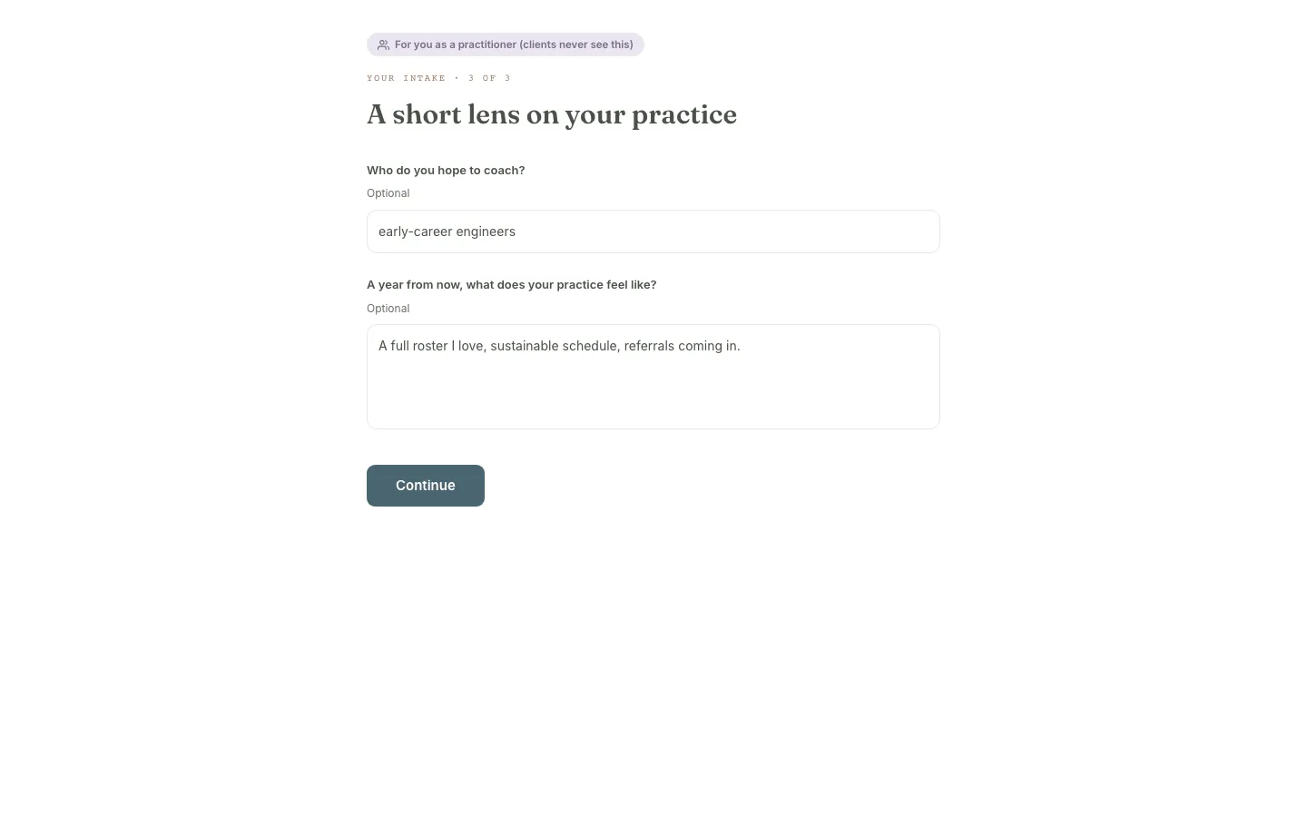The coach's practice lens screen, marked for you as a practitioner, clients never see this, asking who she hopes to coach and what her practice should feel like in a year