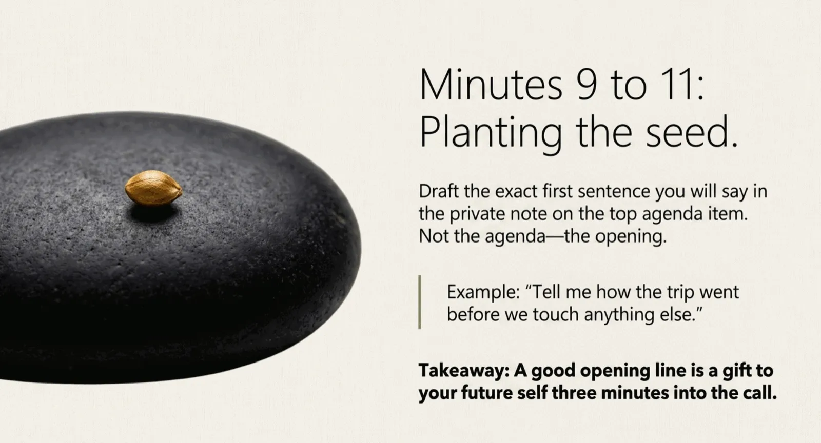 Minutes 9 to 11, planting the seed: a smooth black stone with a single seed resting on its surface. Caption reads "Draft the exact first sentence you will say in the private note on the top agenda item. Not the agenda, the opening. Example: 'Tell me how the trip went before we touch anything else.' A good opening line is a gift to your future self three minutes into the call."