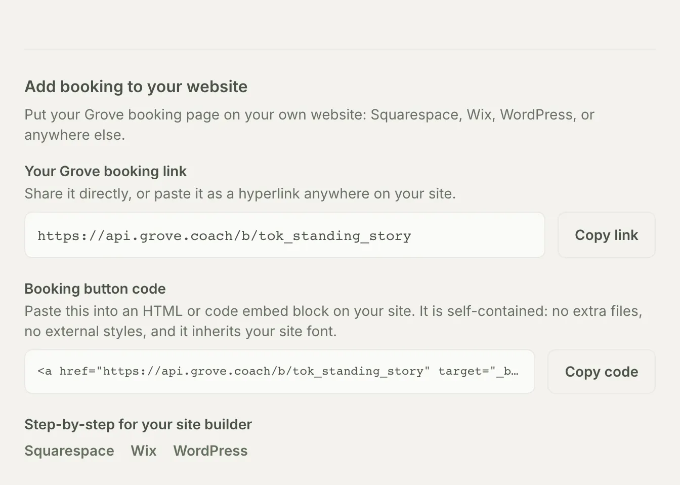 The Add booking to your website section in Grove settings, showing the booking link and the booking button code with copy buttons