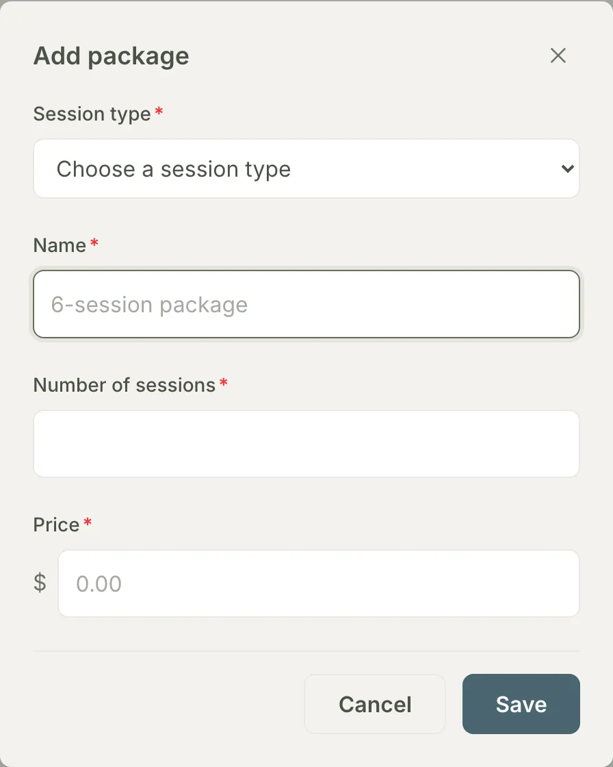The Add package dialog with the session type picker, name, number of sessions, and price