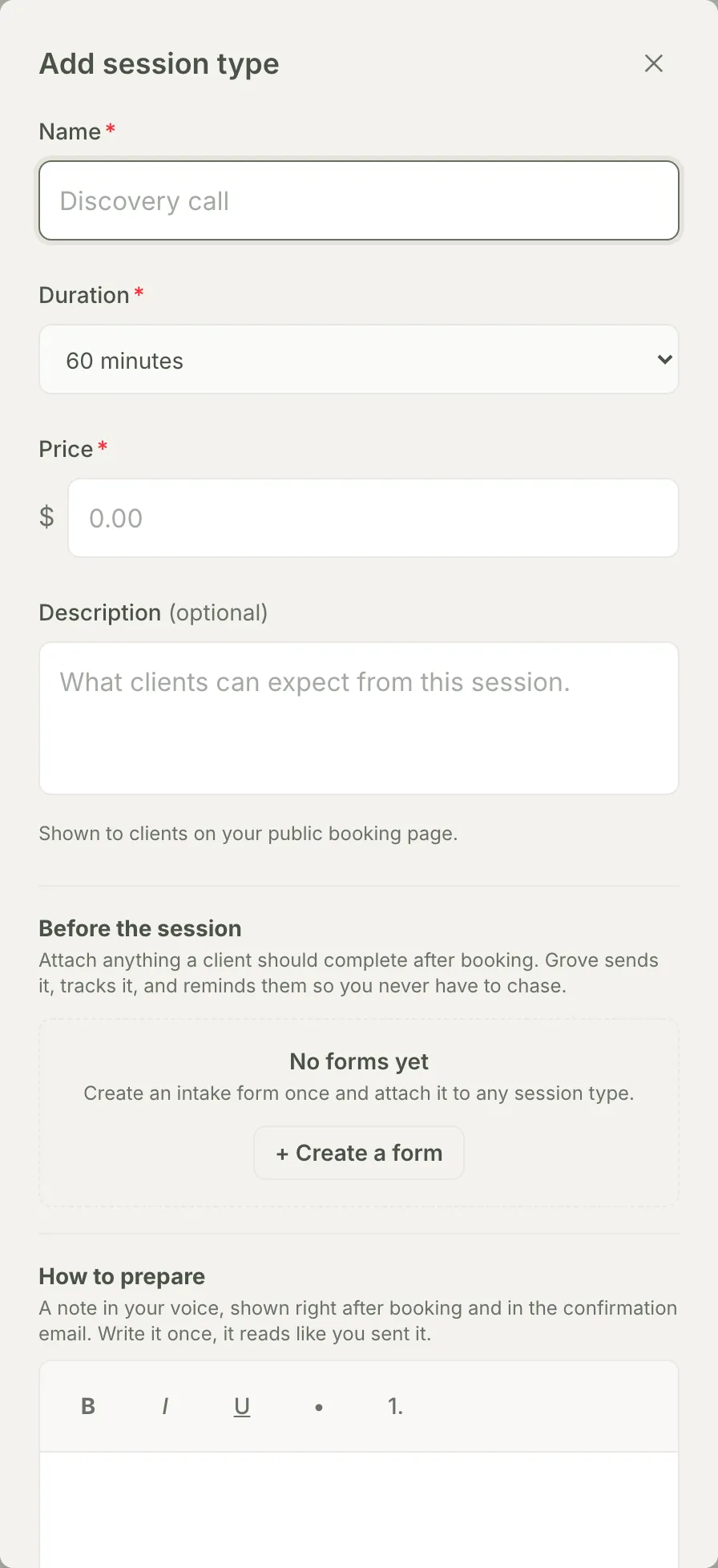 The Add session type dialog with name, duration, price, description, and the How to prepare note