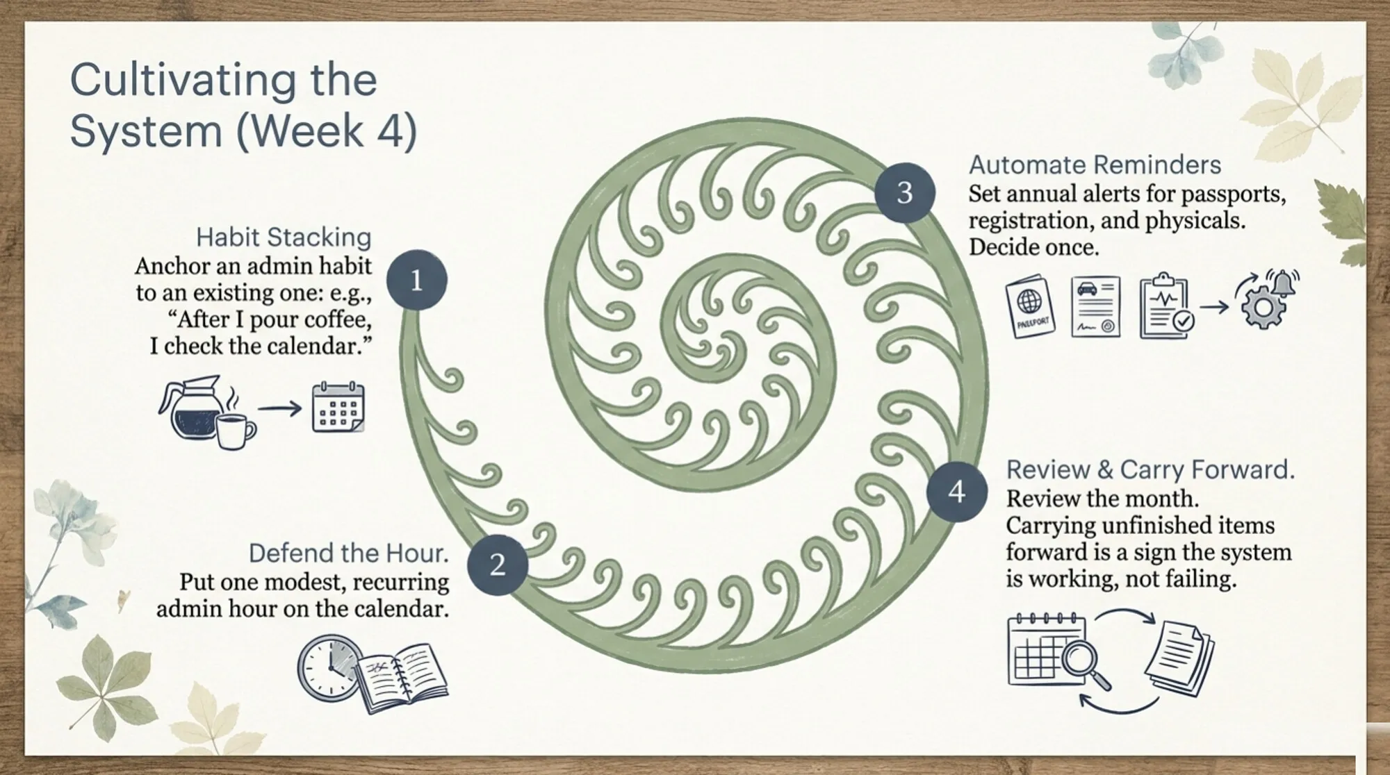 An illustration titled "Cultivating the System (Week 4)," built around an unfurling green fern spiral. Four numbered points ring it: Habit Stacking, anchor an admin habit to an existing one like "after I pour coffee, I check the calendar"; Defend the Hour, put one modest recurring admin hour on the calendar; Automate Reminders, set annual alerts for passports, registration, and physicals and decide once; and Review and Carry Forward, where carrying unfinished items forward is a sign the system is working, not failing.