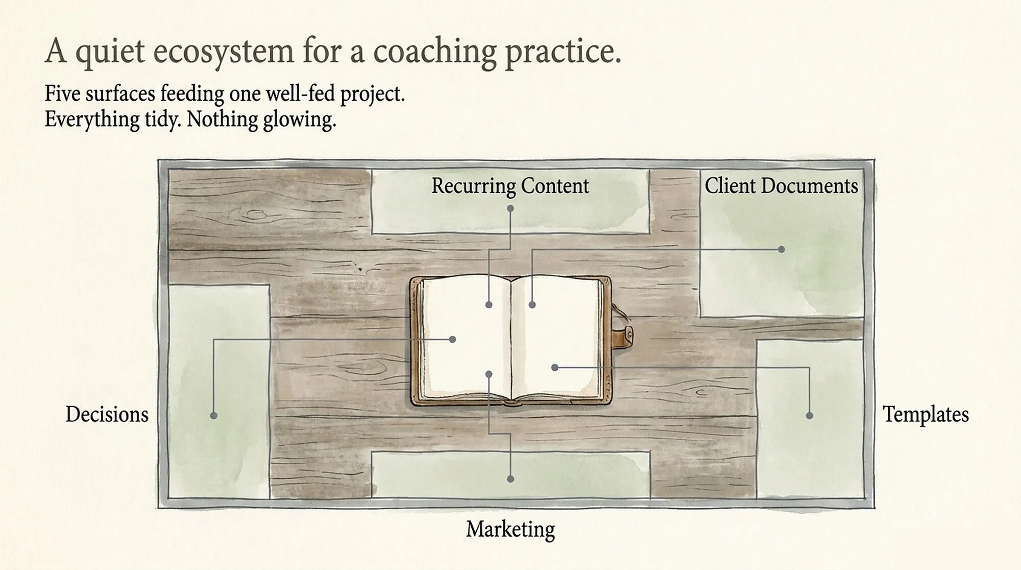 Overhead plan-view illustration of a coaching practice: an open notebook at the center of a wooden desk, ringed by five labeled zones (Recurring Content, Client Documents, Templates, Marketing, Decisions) that feed into it. Muted cream, sage, and weathered-wood palette.