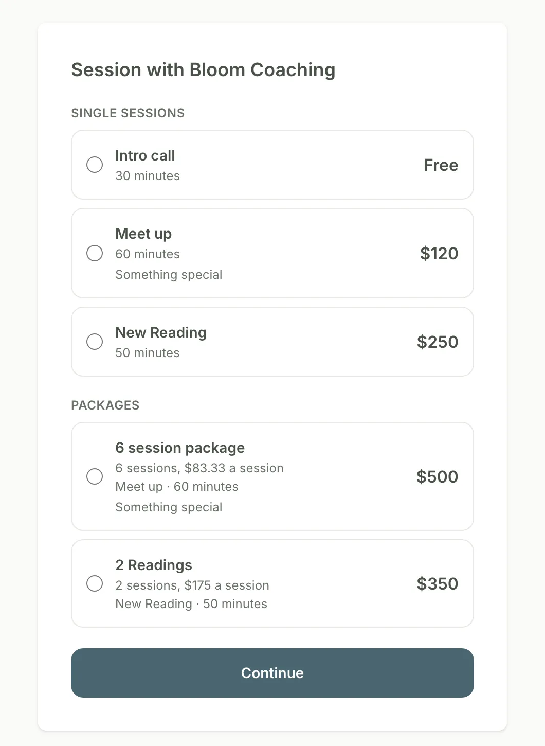 A client's view of a coach's booking page: single sessions and packages with prices, a free intro call, and a Continue button.