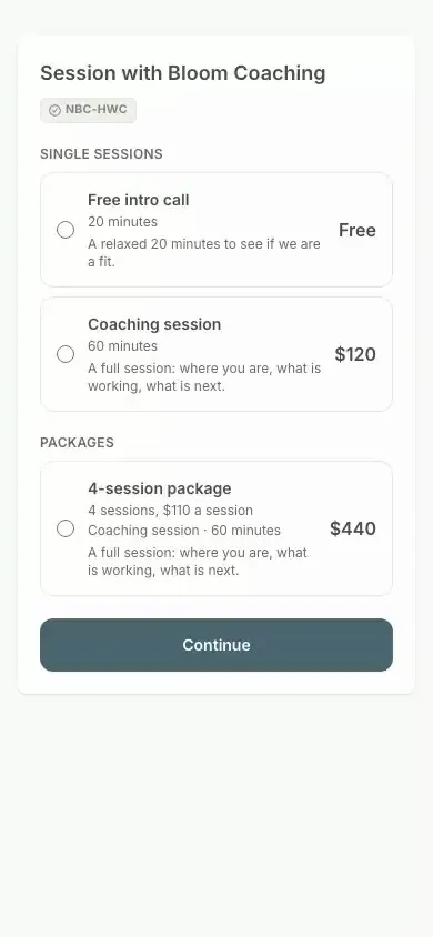 Grove's booking page on a phone: a client picks a session from the coach's catalog, chooses a time, and books, then the coach's payments view.