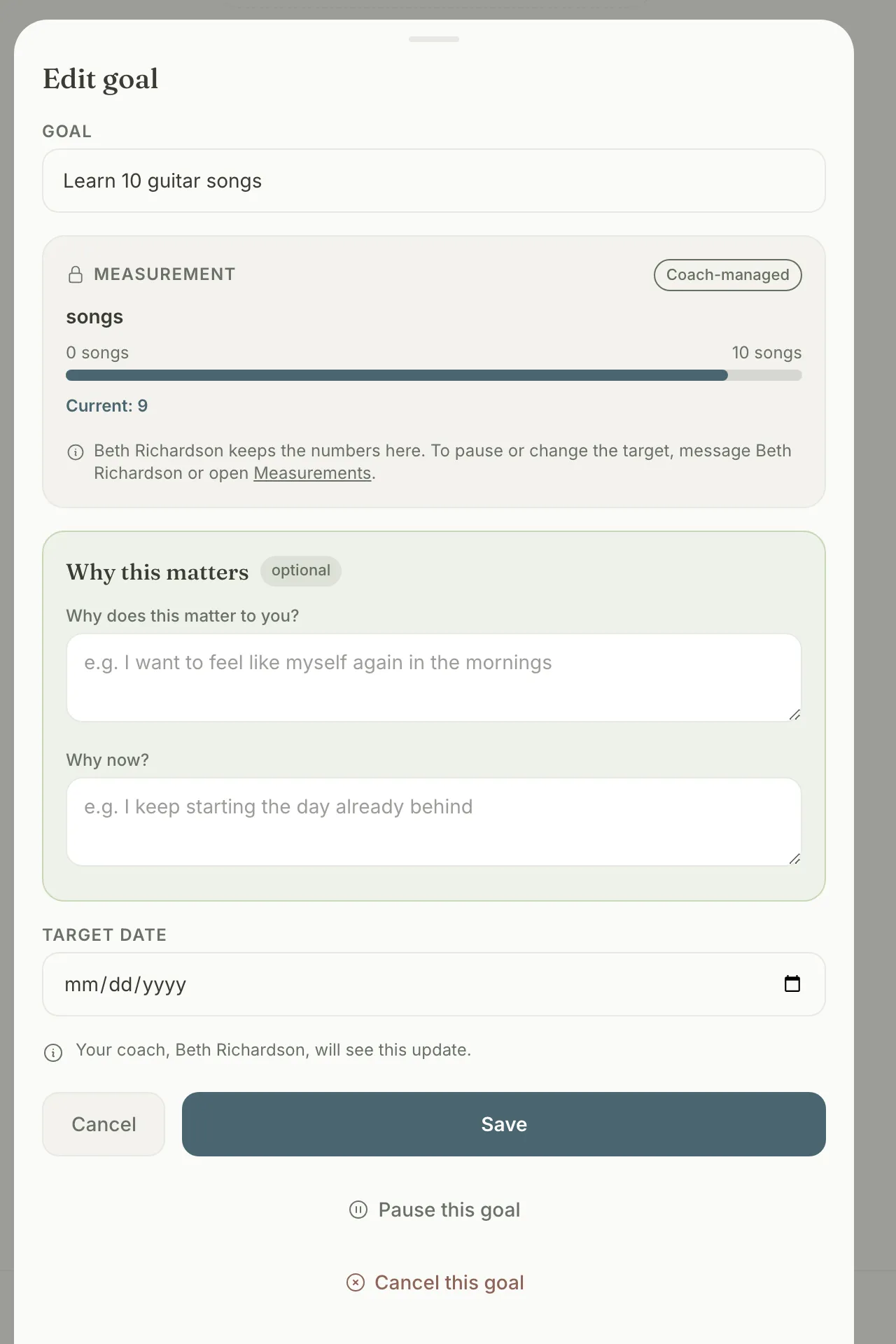 The Edit goal sheet with a coach-managed measurement, why-this-matters fields, and Pause and Cancel actions