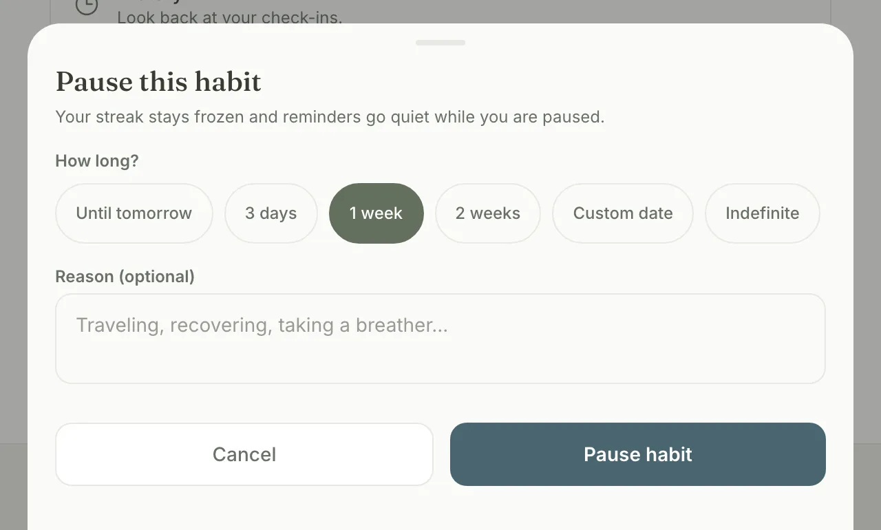 The Pause this habit drawer with duration chips and an optional reason field