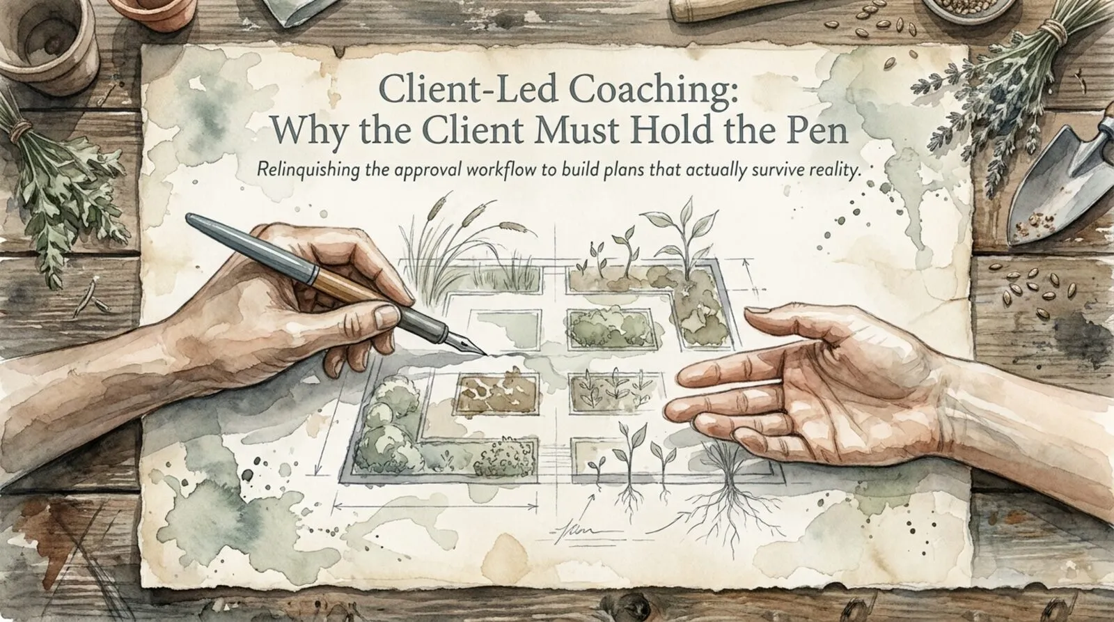 A watercolor scene of one hand passing a pen to another over a garden plan, titled Client-Led Coaching: Why the Client Must Hold the Pen
