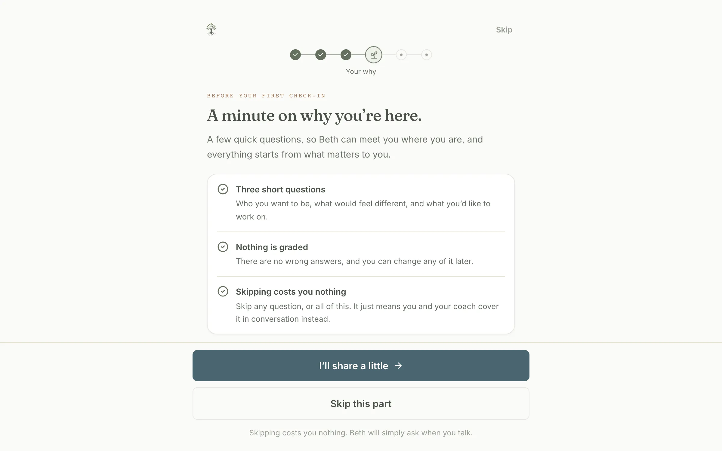 Client onboarding screen: A minute on why you are here, with three short questions and nothing graded