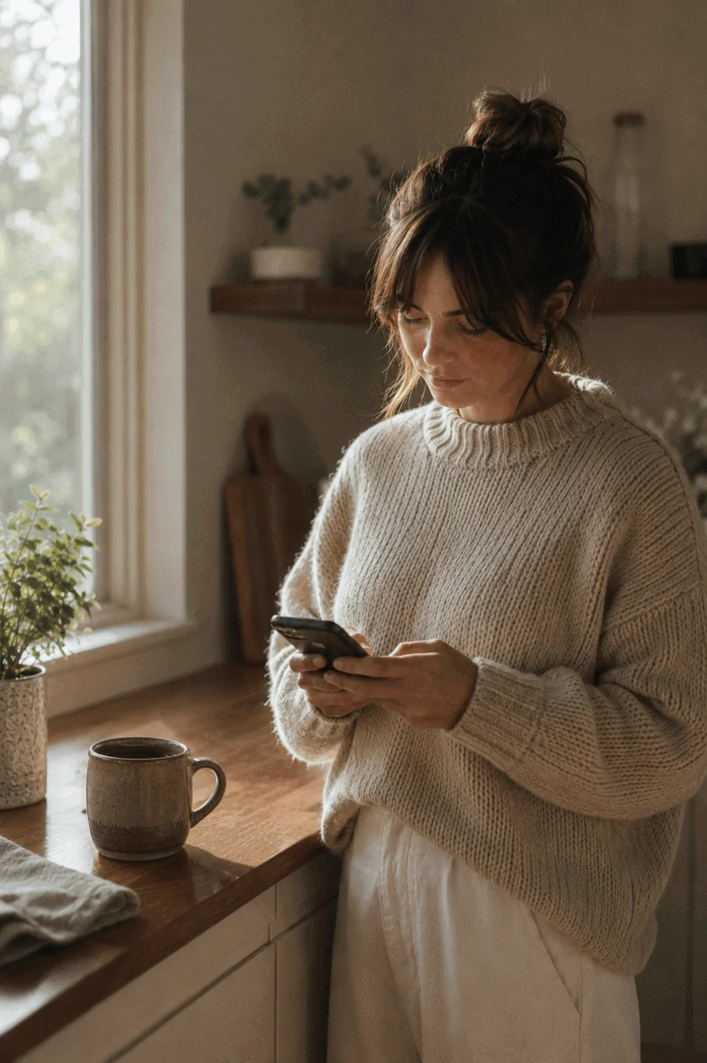 A Grove client checking their morning routine on their phone in a sunlit kitchen
