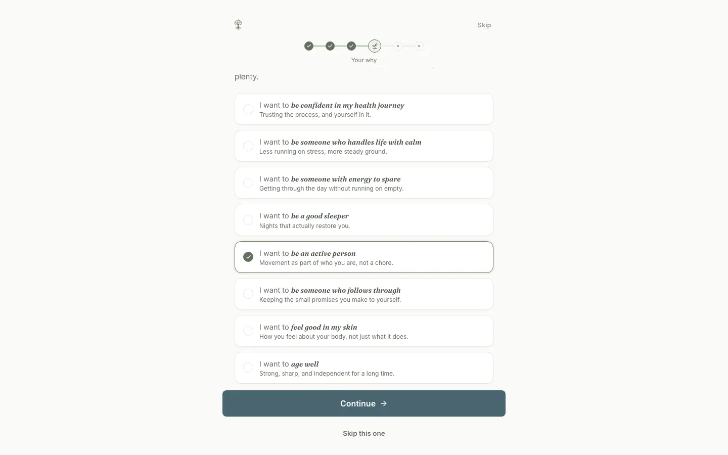 The identity question, Who do you want to be, with selectable identity cards phrased as I want to be a good sleeper, be an active person, and more