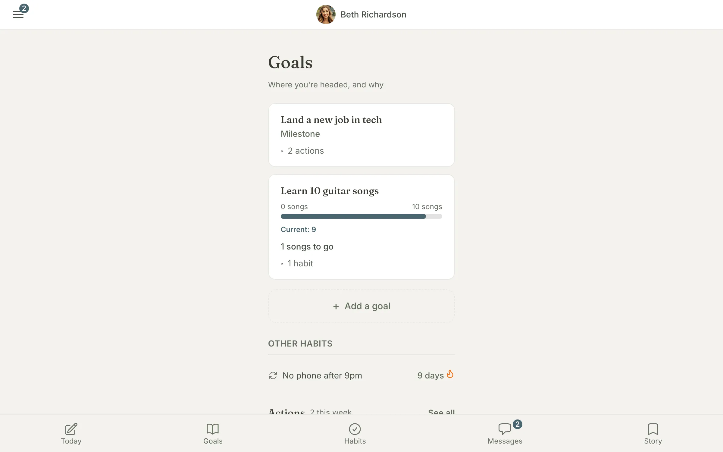 The client Goals page showing two goals, progress, and an Add a goal button