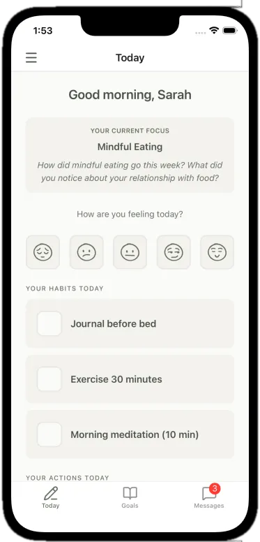 Grove client mobile app: today screen with current focus, feeling check, and habits