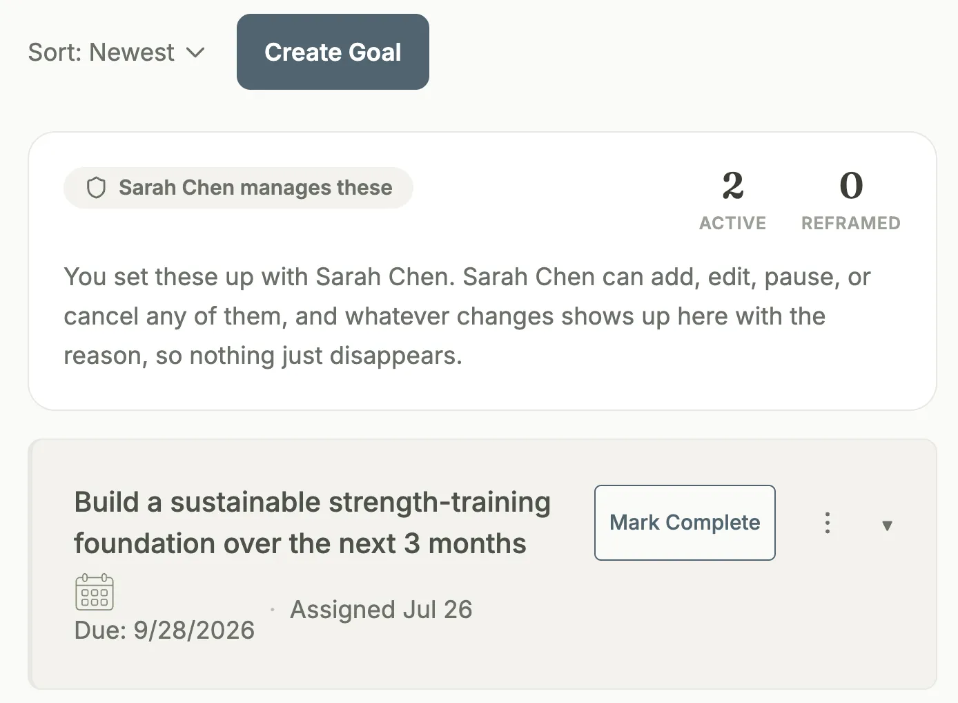 The coach goals panel explaining the client can add, edit, pause, or cancel any goal, and every change shows up with the reason