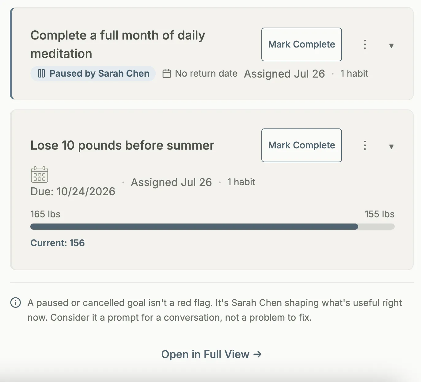 The coach view of a client goal list, with a Paused by badge on one goal and a note reading: a paused or cancelled goal is a prompt for a conversation, not a problem to fix