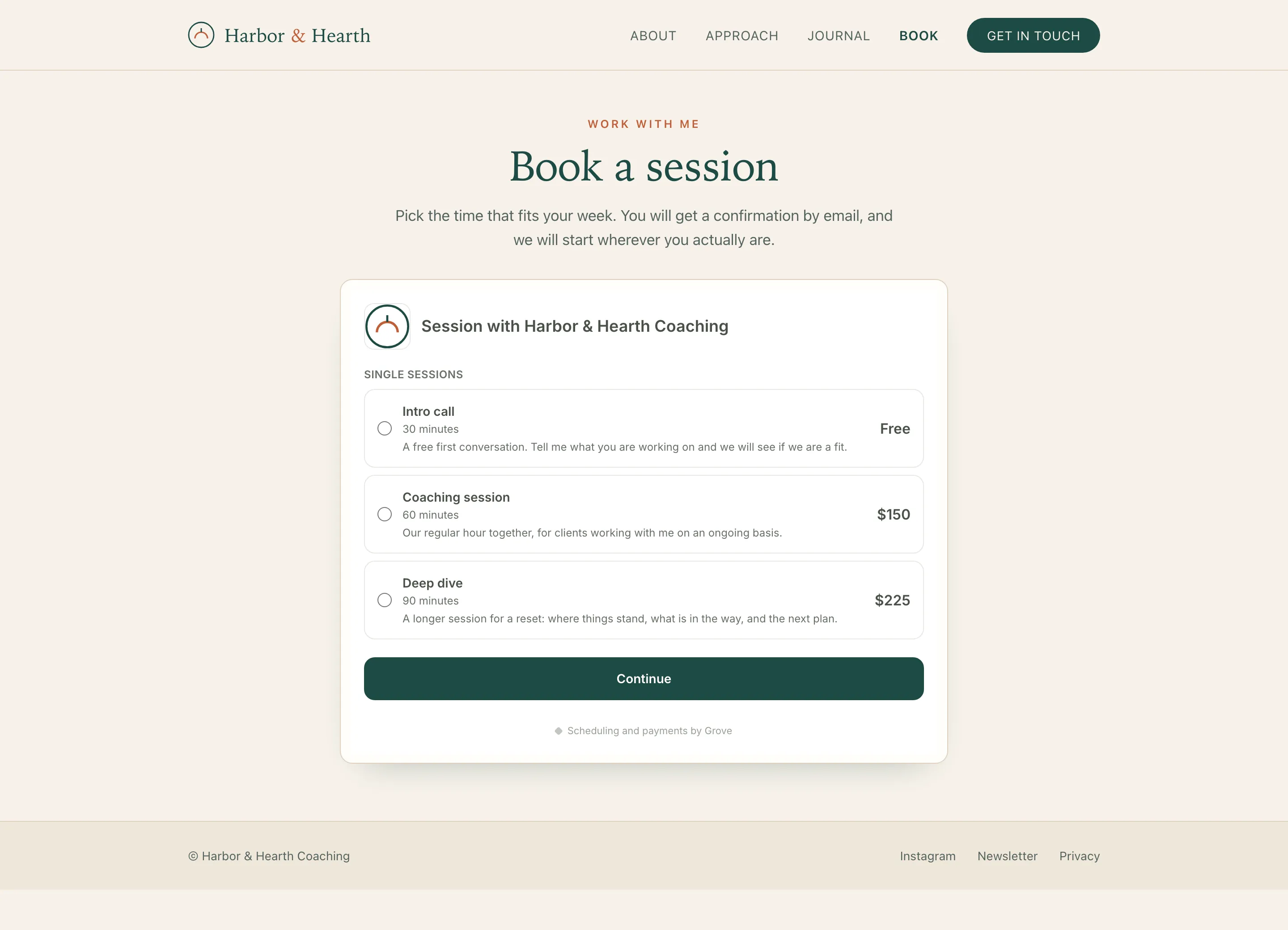 A coach's own website with the Grove booking flow embedded in the page: the practice's logo and colors on the booking card, listing a free intro call and two paid sessions with prices.