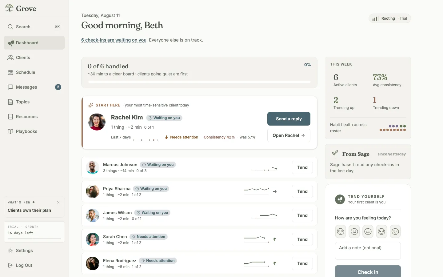 The redesigned coach dashboard introduced in April, a card-based caseload rollup replacing the prior eleven-tab client profile and check-in-centric layout.