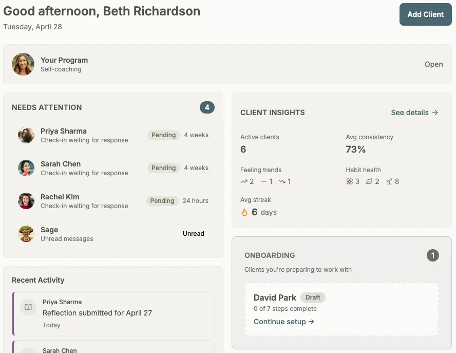 Coach dashboard showing today overview and client updates