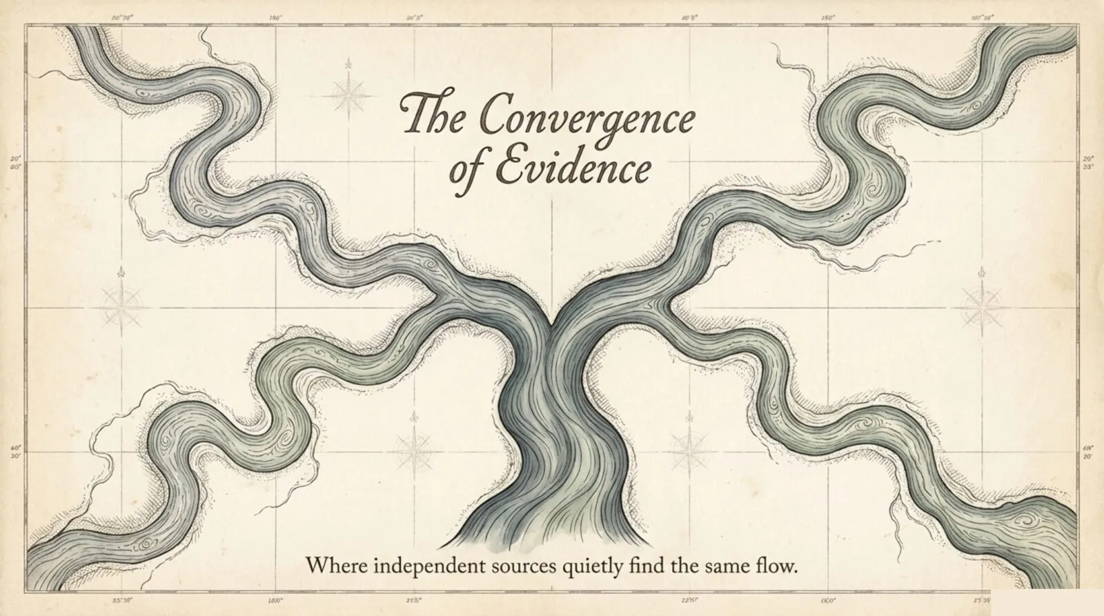 Vintage hand-tinted map titled 'The Convergence of Evidence,' showing several rivers winding in from different directions and joining into one stream, captioned 'Where independent sources quietly find the same flow.'
