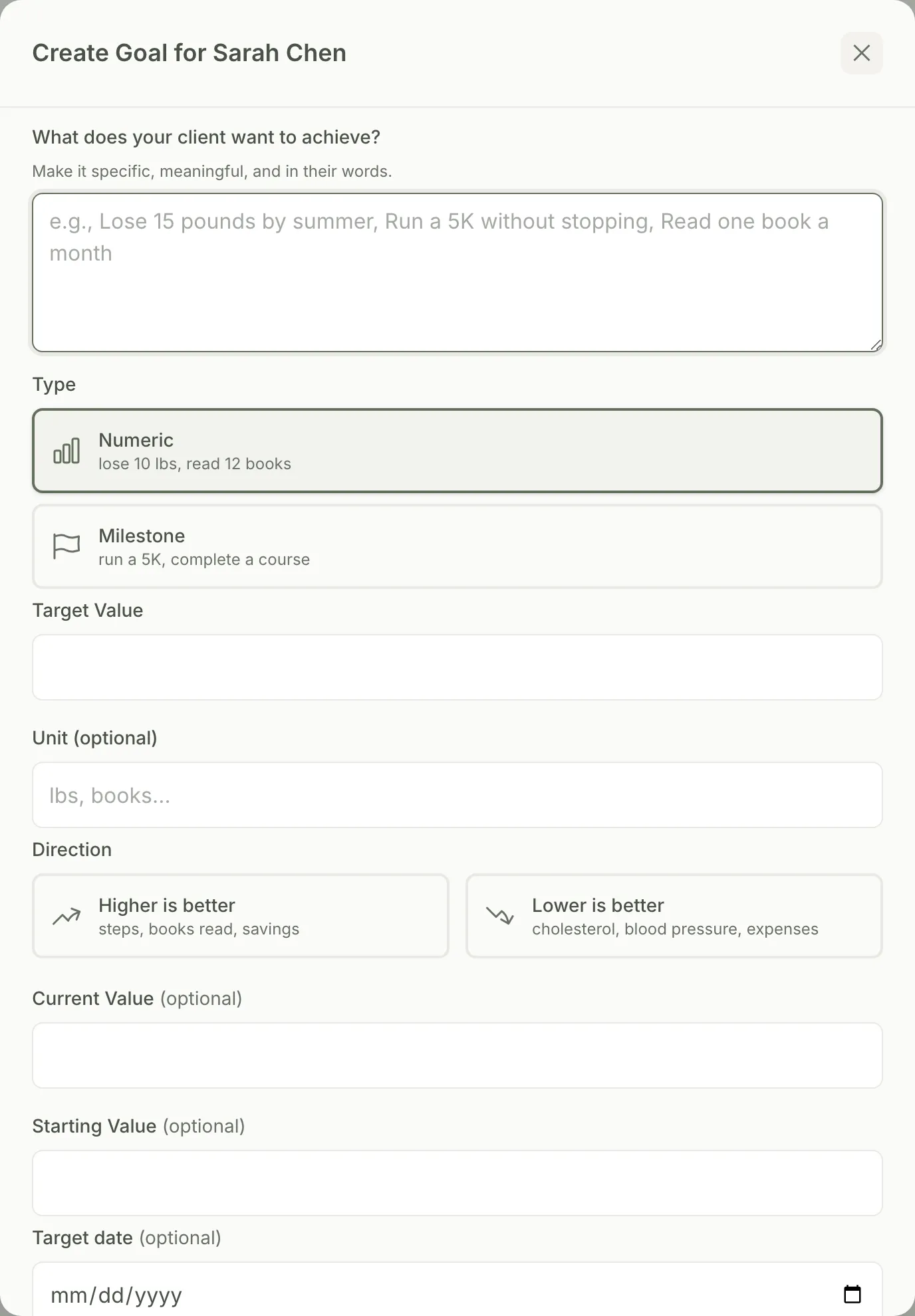 The Create Goal form, asking what the client wants to achieve with Numeric and Milestone types, direction, and an optional target date