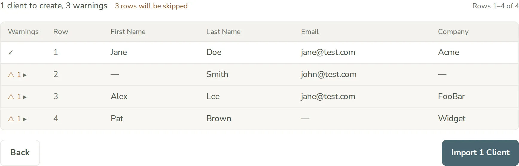 The Preview step's table, with warning icons on three rows for a missing First Name, a duplicate email, and a missing Email, and a summary reading 1 client to create, 3 warnings