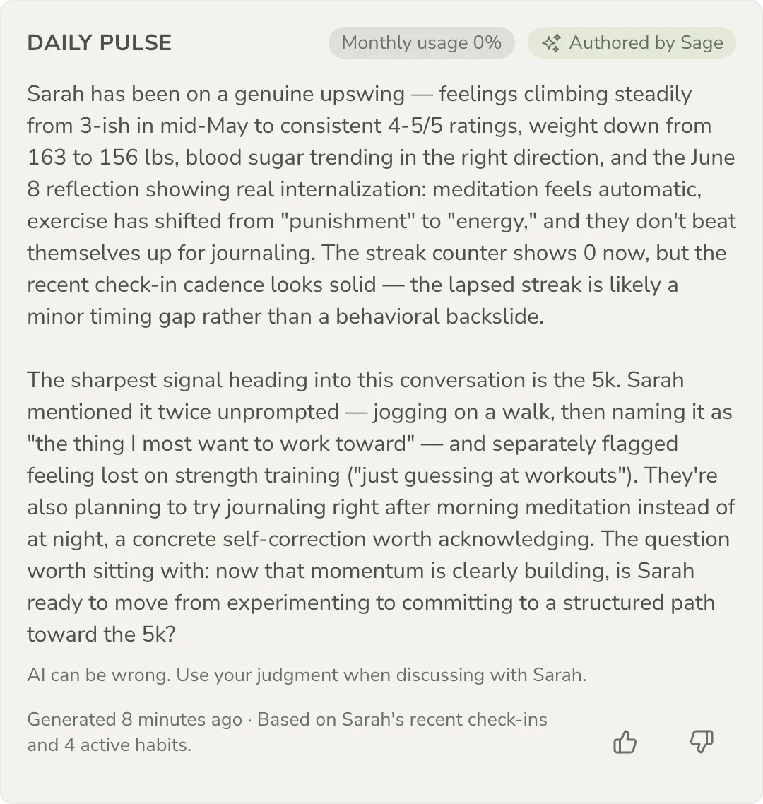 Daily Pulse: AI-generated morning briefing card summarizing what your client shared this week