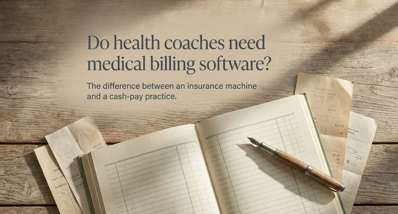 A paper ledger open on weathered wood with loose receipts and a fountain pen, titled Do health coaches need medical billing software?