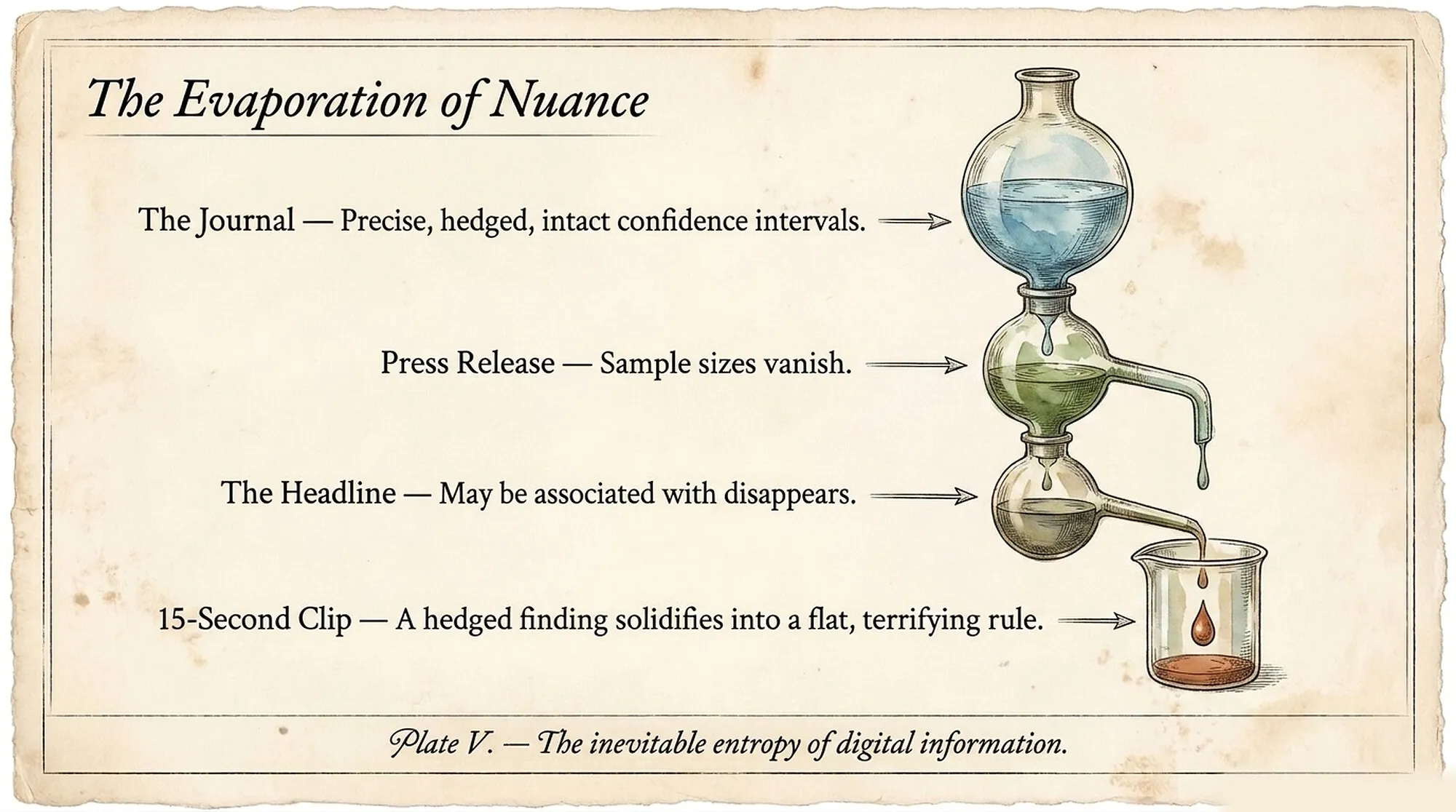 Vintage plate titled "The Evaporation of Nuance," a distillation apparatus losing liquid at each stage from the journal, to the press release, to the headline, to a fifteen-second clip.
