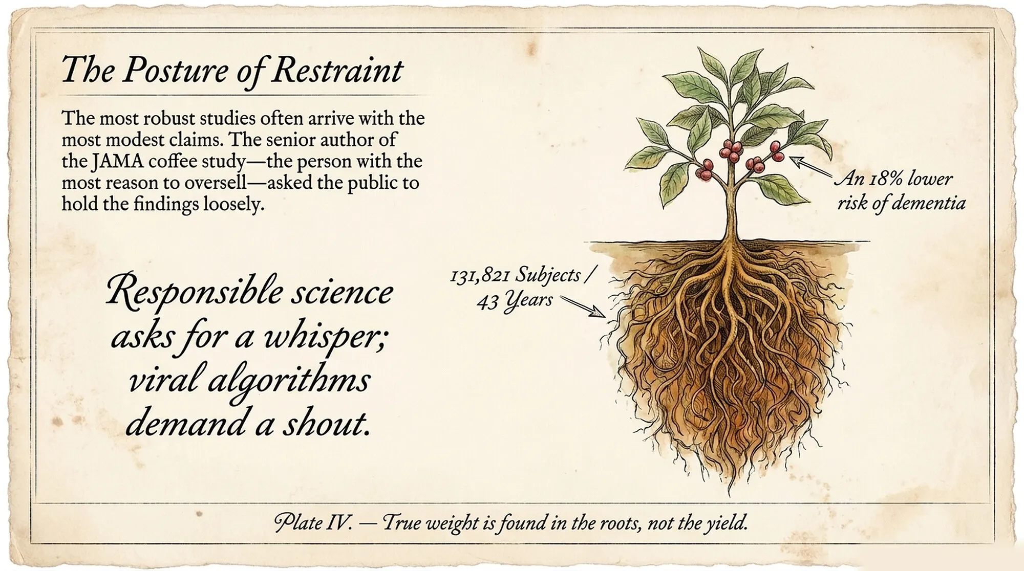 Vintage plate titled "The Posture of Restraint," a coffee plant drawn above and below ground, its roots labeled 131,821 subjects over 43 years and its leaves labeled an 18 percent lower risk of dementia, captioned "Responsible science asks for a whisper; viral algorithms demand a shout."