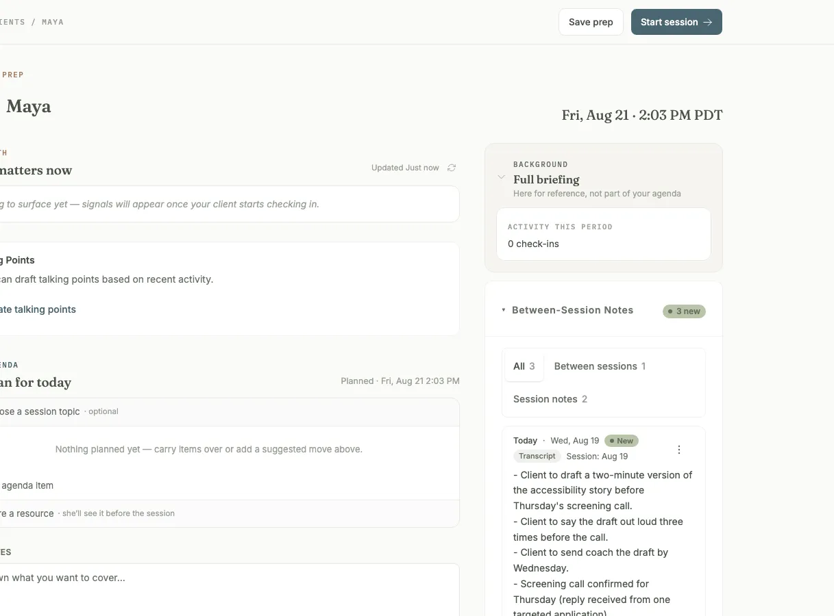 The session prep view for a track-only client, built from the coach's own session notes.