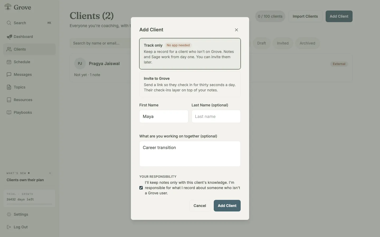 The Add Client dialog with the Track only option selected: a name field, no email required, and the consent attestation checkbox.