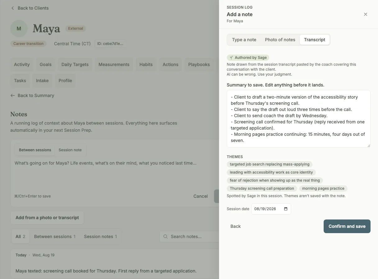 A transcript summary drafted by Sage, practical commitments listed first, open in the editor before saving.