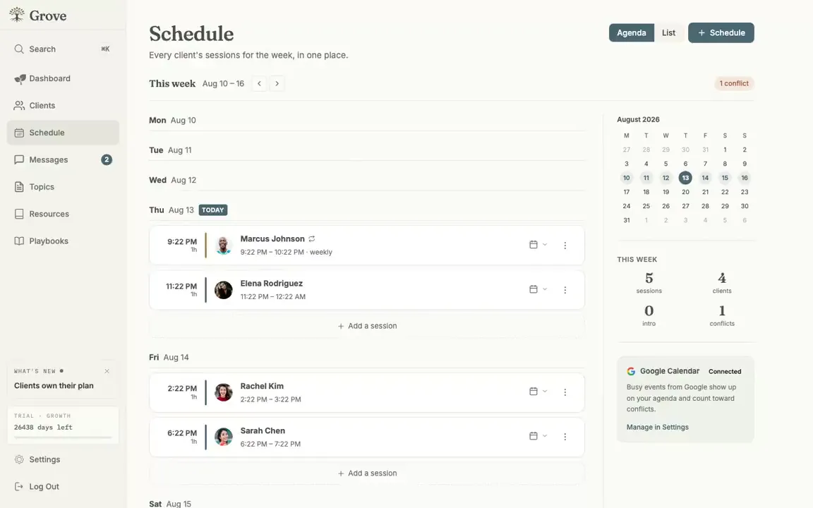 The Grove schedule with Google busy blocks on the agenda and a conflict flagged.