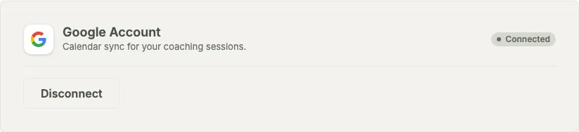 Grove settings page showing a connected Google account with calendar sync active.