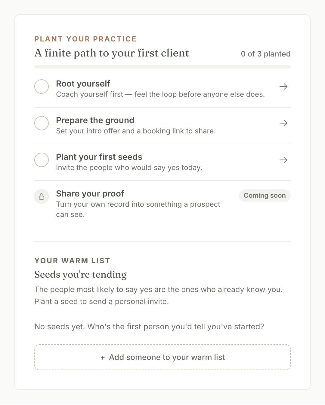 The Plant your practice panel, a finite path to your first client with steps Root yourself, Prepare the ground, Plant your first seeds, and Share your proof, above a warm list of prospects