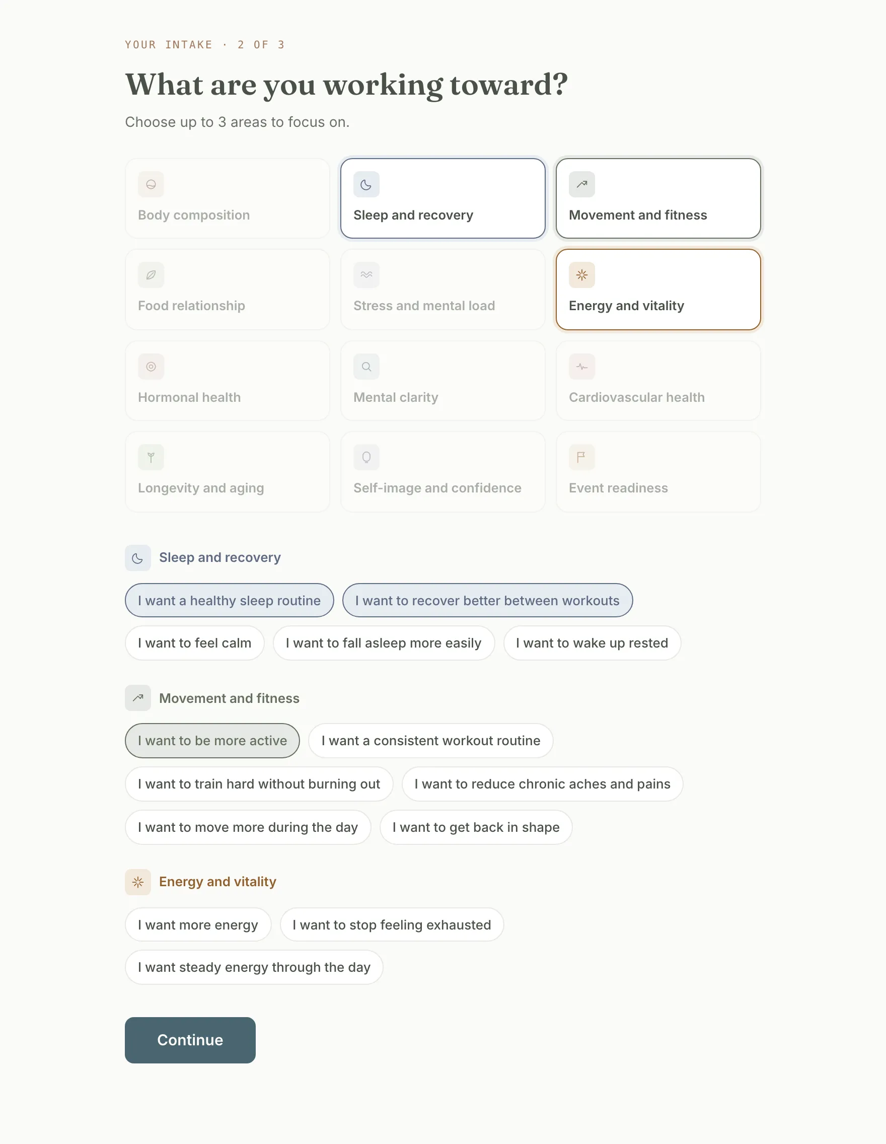 The guided setup's goals screen, "What are you working toward?", with outcome areas like Sleep and recovery and Movement and fitness selected and plain-language goal chips underneath each