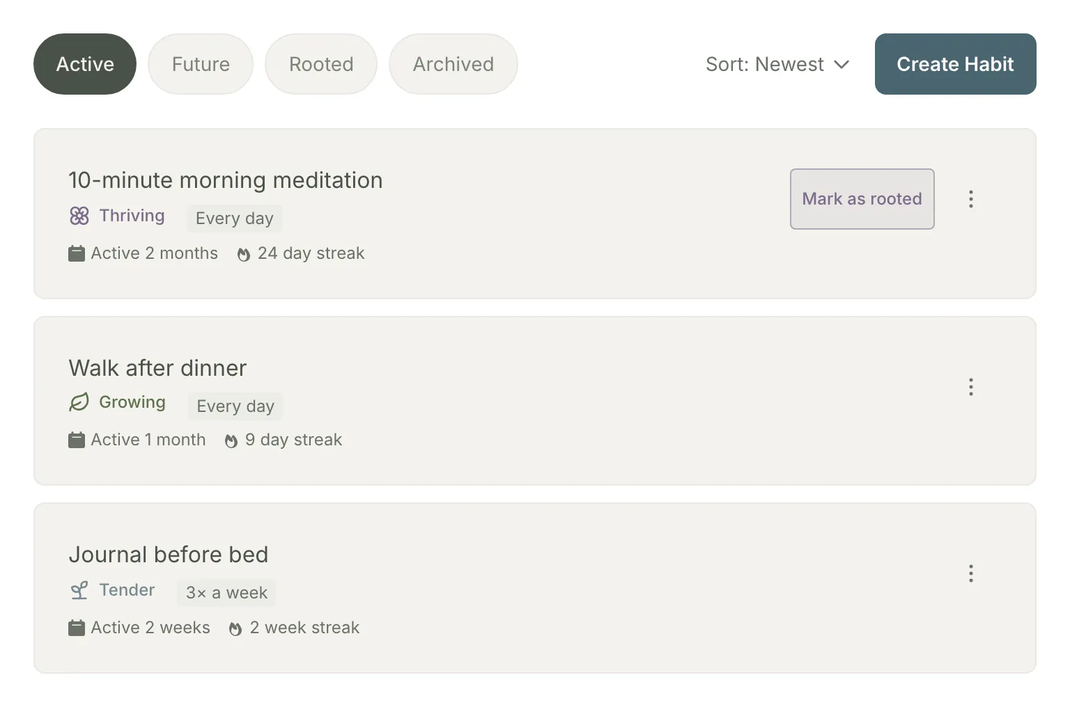 The Habits tab with three habits at different growth stages, from a Thriving daily meditation with a 24-day streak down to a Tender journaling habit