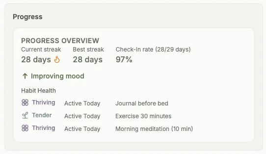 Habit tracking dashboard with streaks and progress