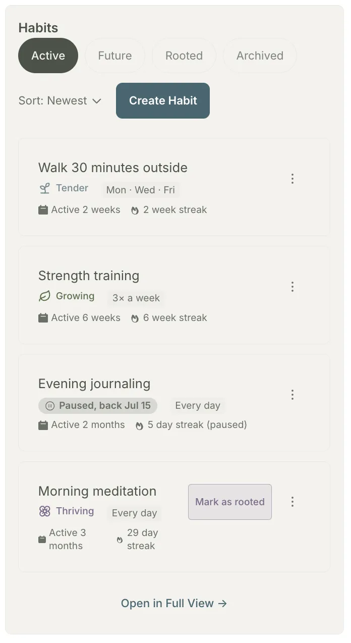 The Habits drawer for a client: four habits each with their own rhythm. Walk outside on Mon Wed Fri, Strength training three times a week, a paused Evening journaling habit, and a Thriving Morning meditation on a 29-day streak with a Mark as rooted button.