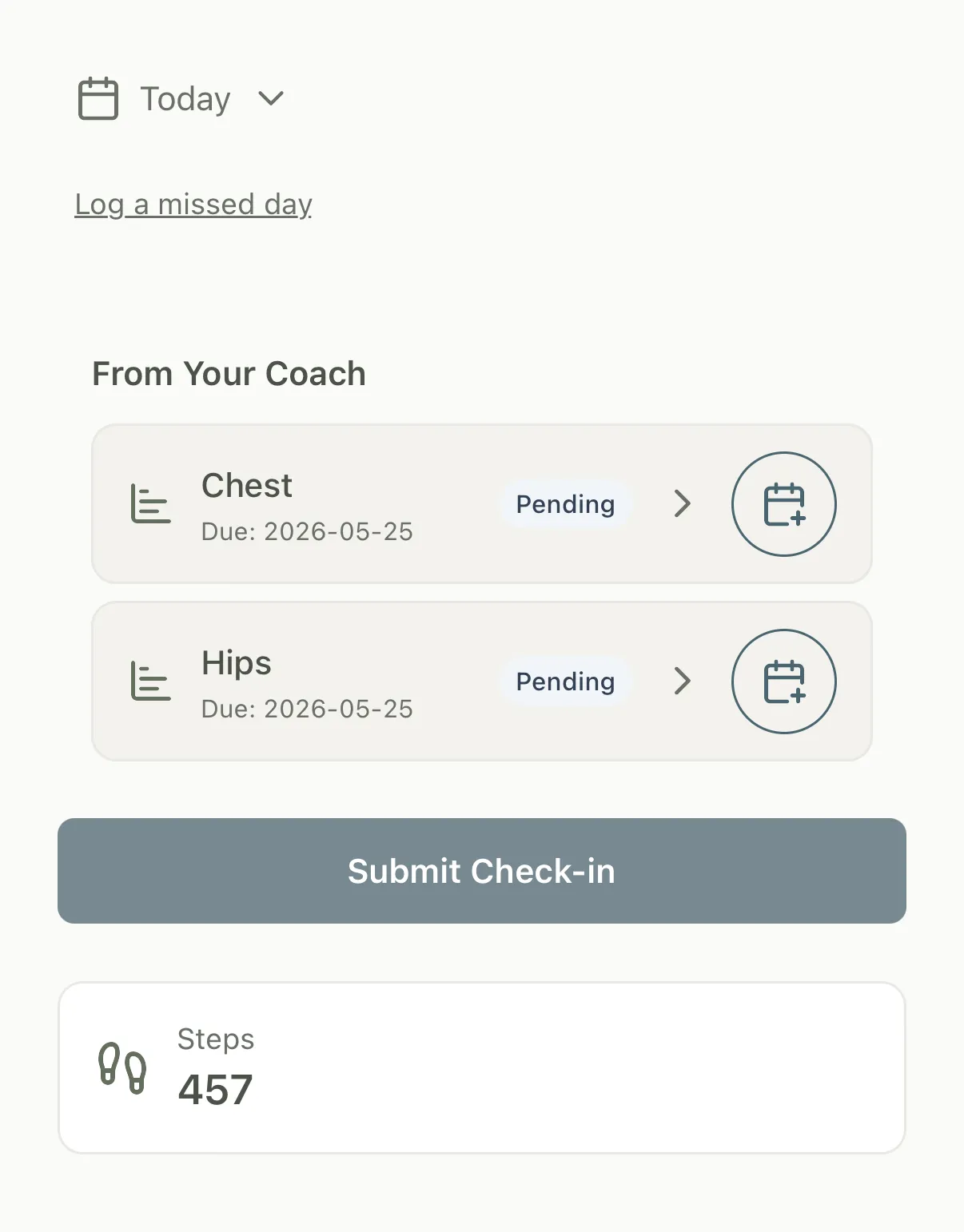 Client check-in screen with coach-requested measurements pending and a Steps card auto-filled from Apple Health