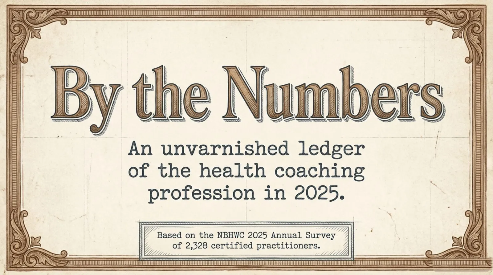 Vintage ledger-style plate titled 'By the Numbers' in an ornate engraved frame, subtitled 'An unvarnished ledger of the health coaching profession in 2025,' with a stamped box reading 'Based on the NBHWC 2025 Annual Survey of 2,328 certified practitioners.'