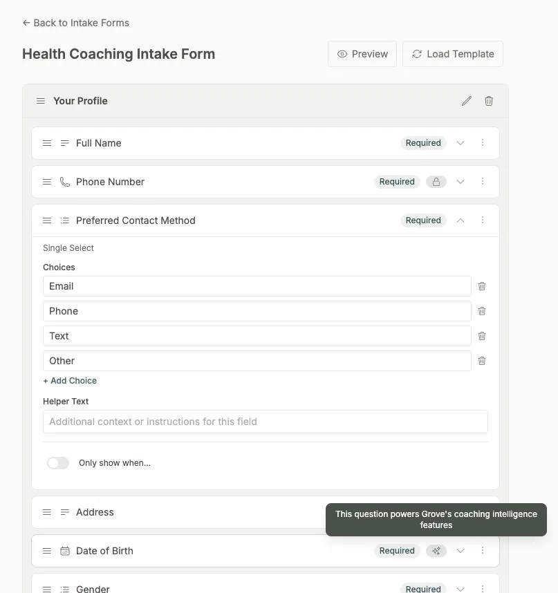 The intake form builder in Grove, where you assemble the questions your client answers